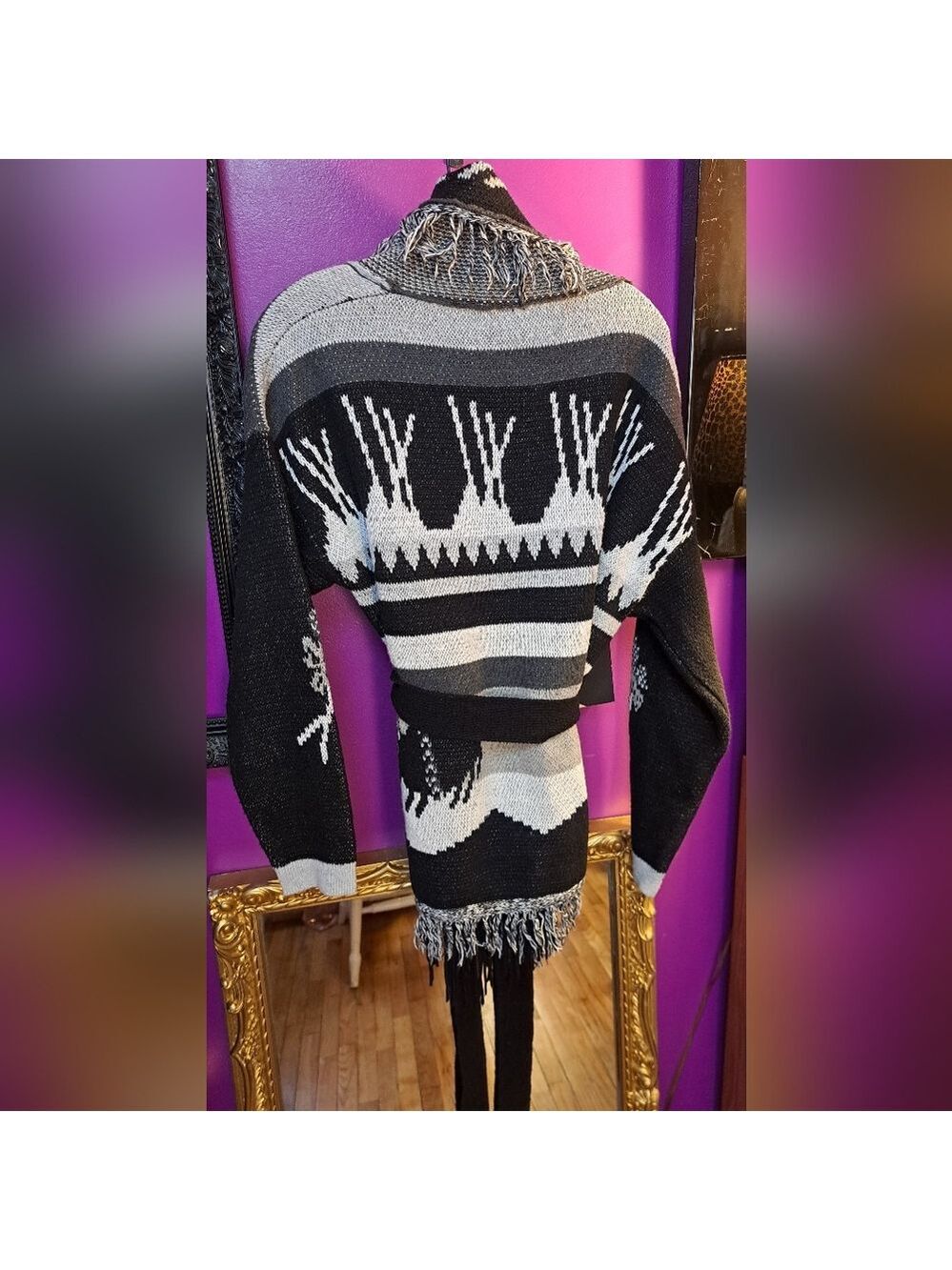 Elan Fringe Long Belted Sweater. Black And White. Southwestern. New - Picture 4 of 6